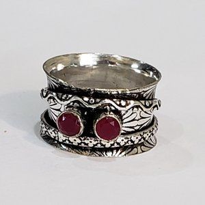Ruby multi gemstone 925 silver handmade wide design band unisex spinner ring